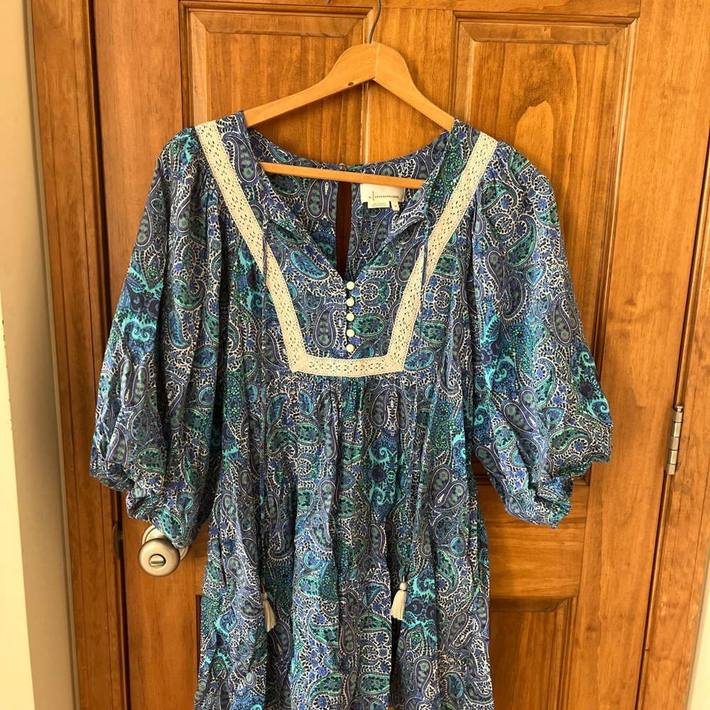Anthropologie Lissa Romper Teal and Blue Patterned Dress
